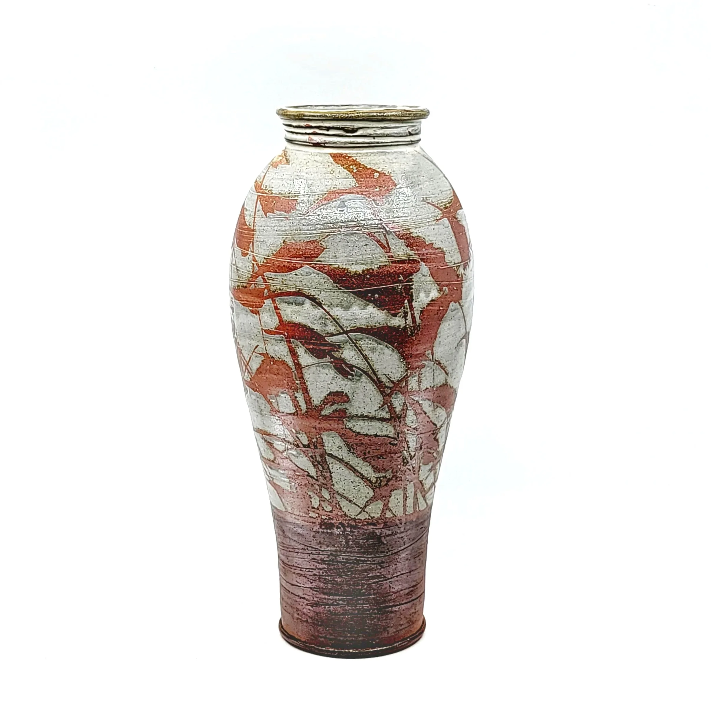 Decorative ceramic vase with a crackle glaze and abstract red and black branch and leaf pattern.