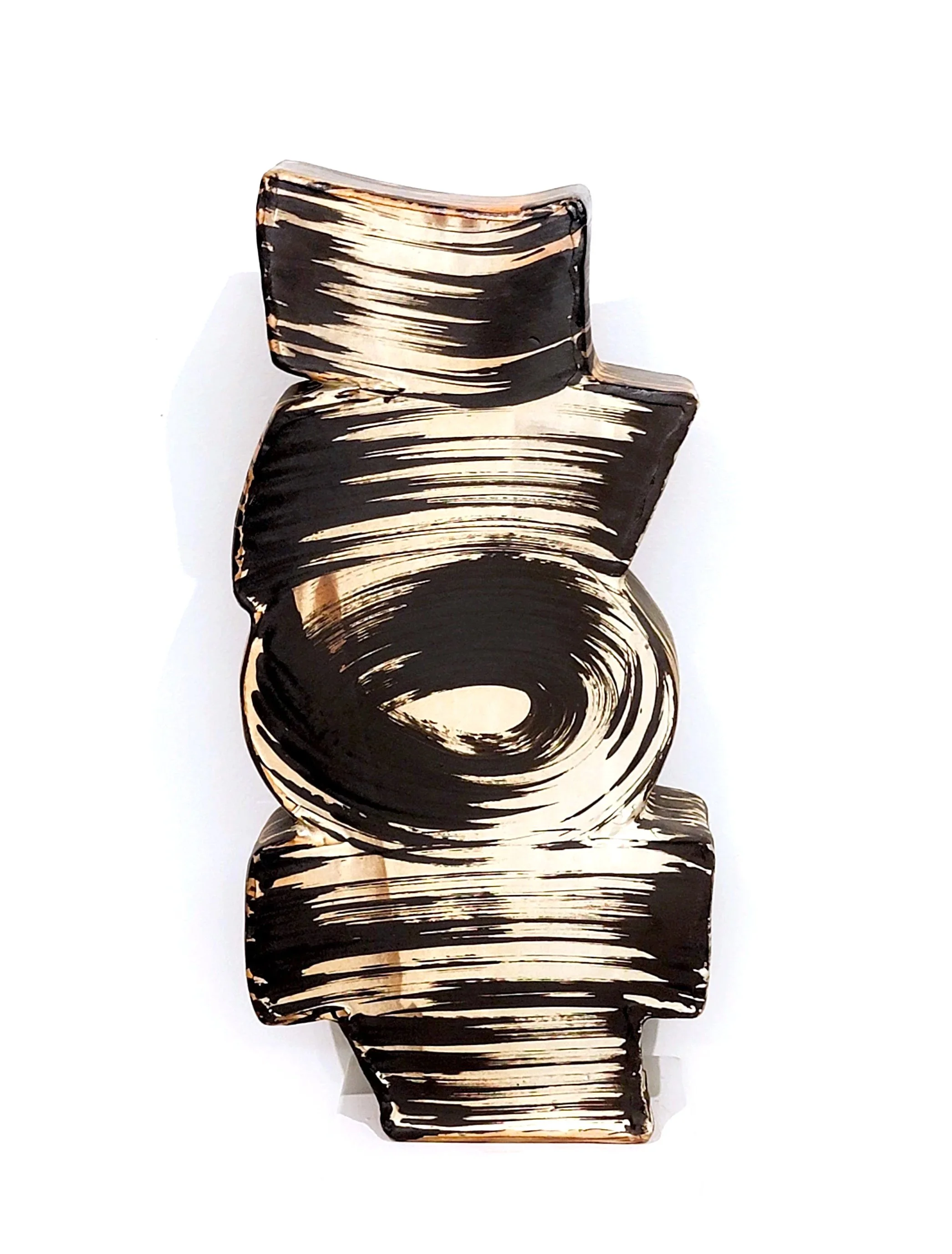 Black and cream abstract ceramic sculpture with sweeping, swirling brushstroke patterns