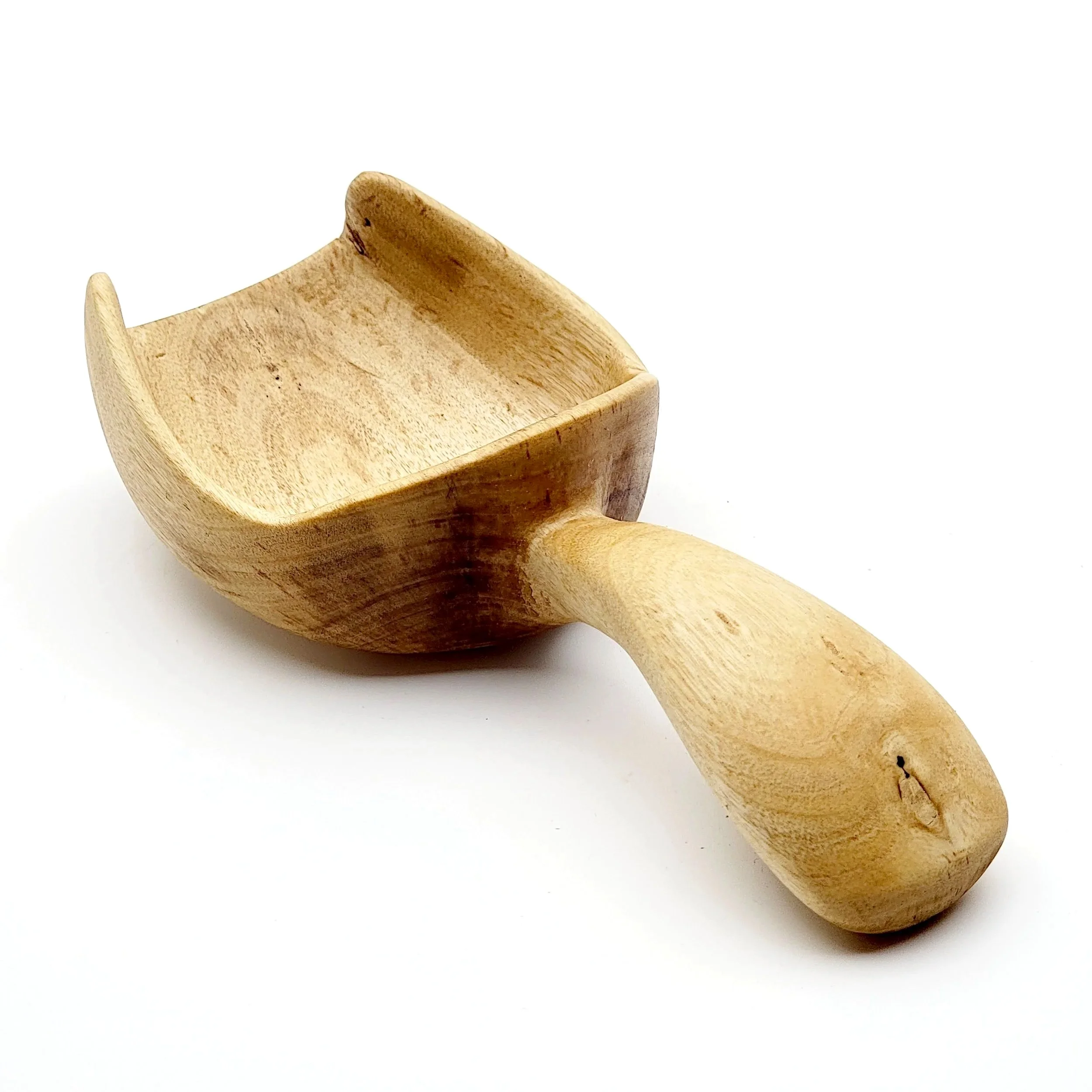 A small wooden scoop with a rounded handle and a deep, curved bowl, set against a white background.