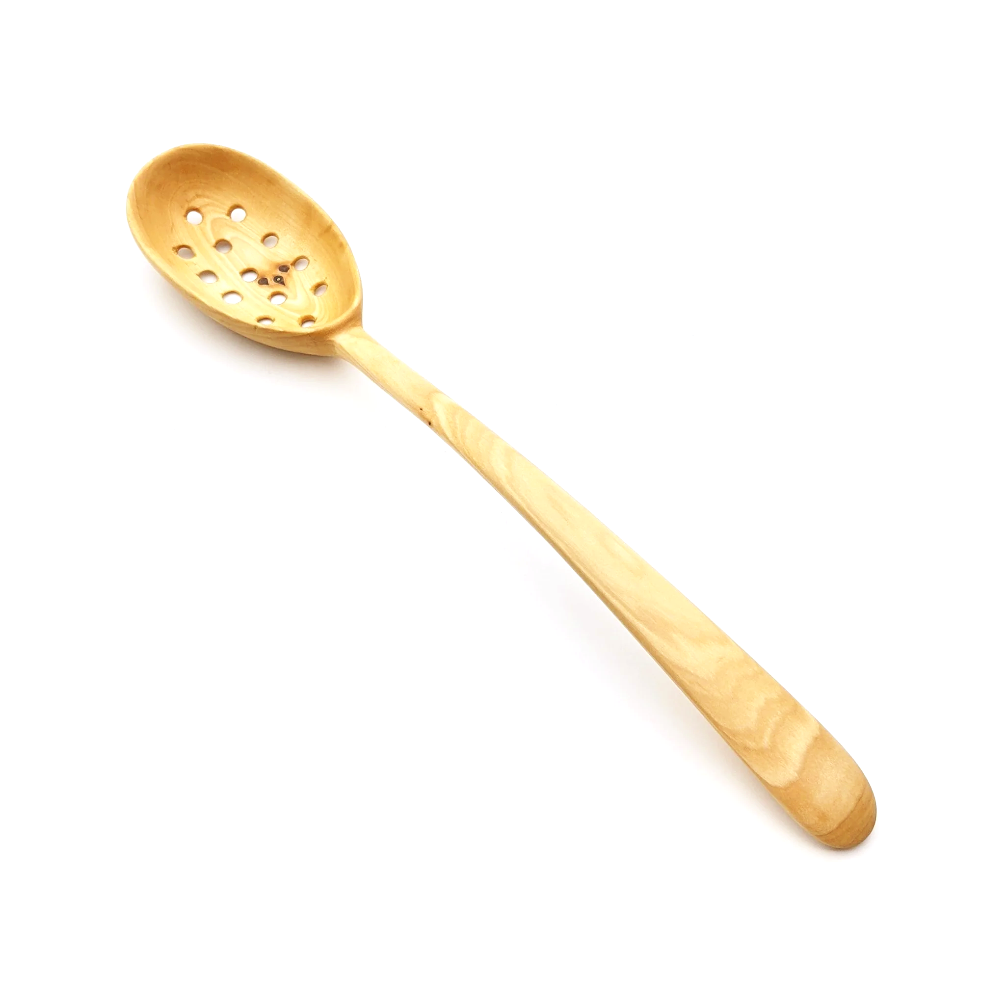 Wooden slotted spoon with a long handle on a white background.