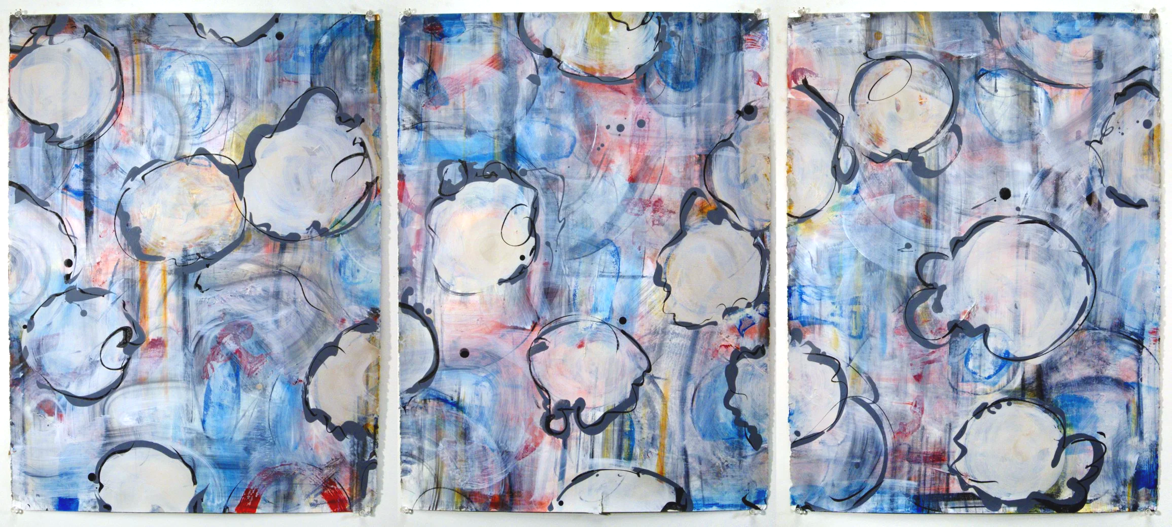 Triptych abstract painting with large cloud-like shapes outlined in dark lines over a multicolored background of blue, red, and white brushstrokes.
