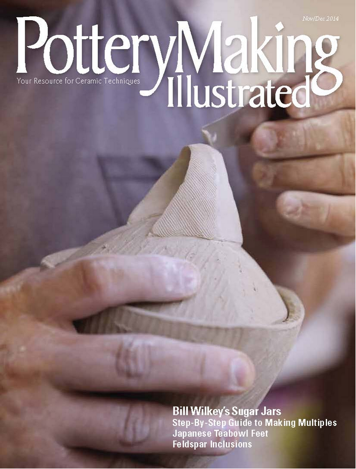 Close-up of a person shaping a ceramic sugar jar with a pointed lid, focusing on their hands and a partially finished jar.