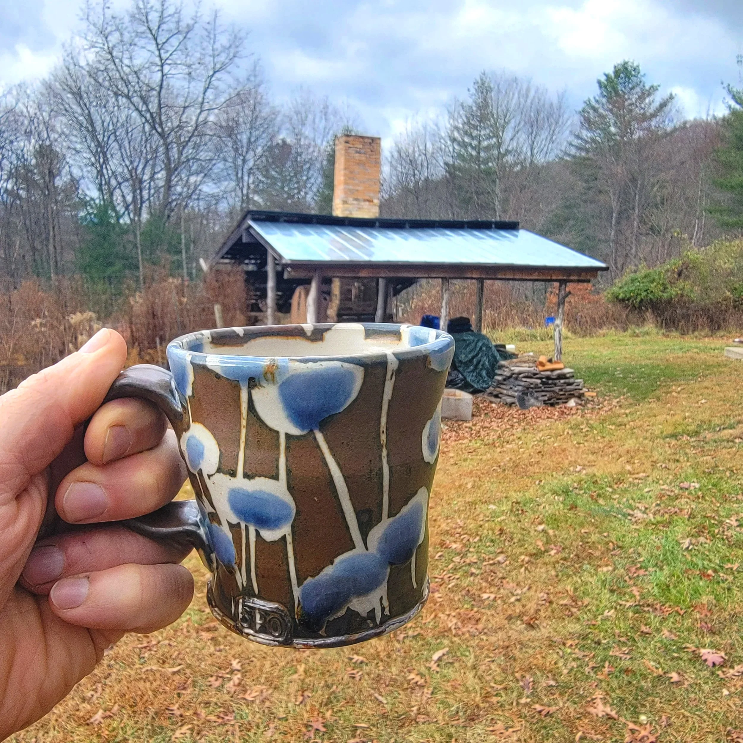Person holding a ceramic mug with blue and brown abstract design in front of an outdoor scene with a rustic wooden structure, trees, and a grassy yard.