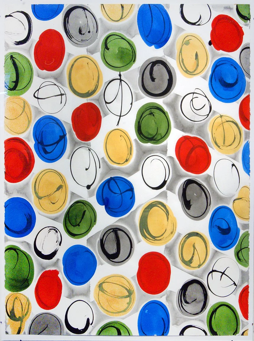 Colorful abstract art with circular shapes in red, yellow, green, blue, black, and white, some with scribble-like lines inside.