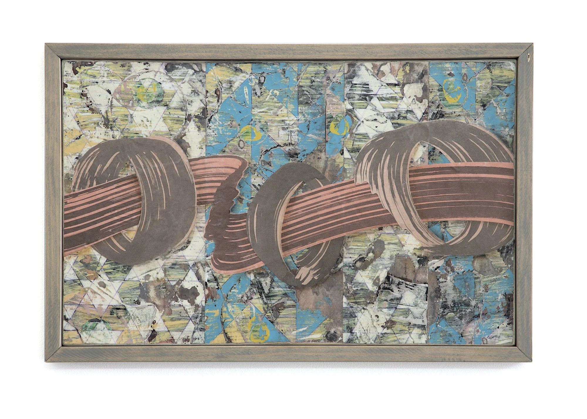 Mixed media artwork with abstract shapes, textures, and colors including blue, yellow, black, white, and pink, framed in a thin gray border.