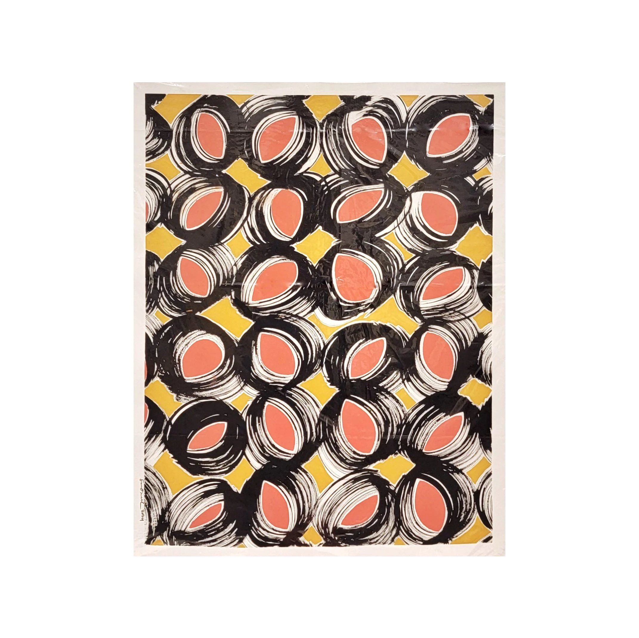 Abstract artwork featuring black circular brushstrokes with peach ovals inside, set against a yellow background, with a loose white border.