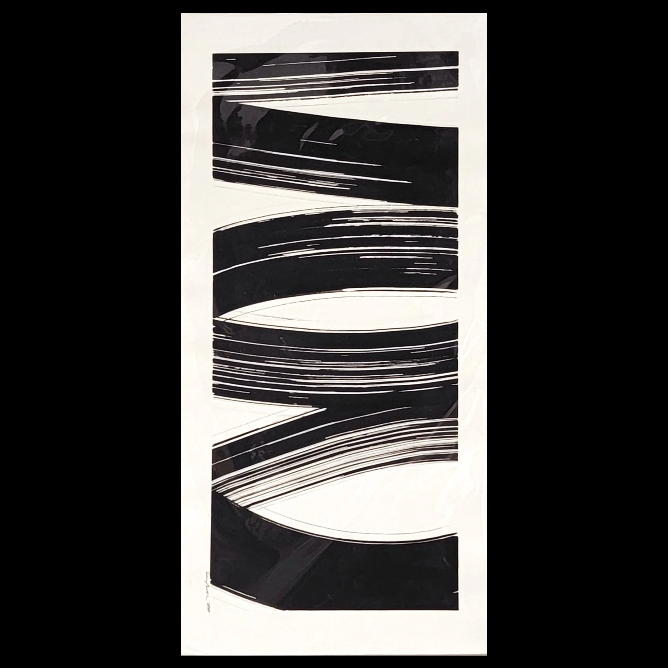 Black and white abstract art with curved and linear shapes.