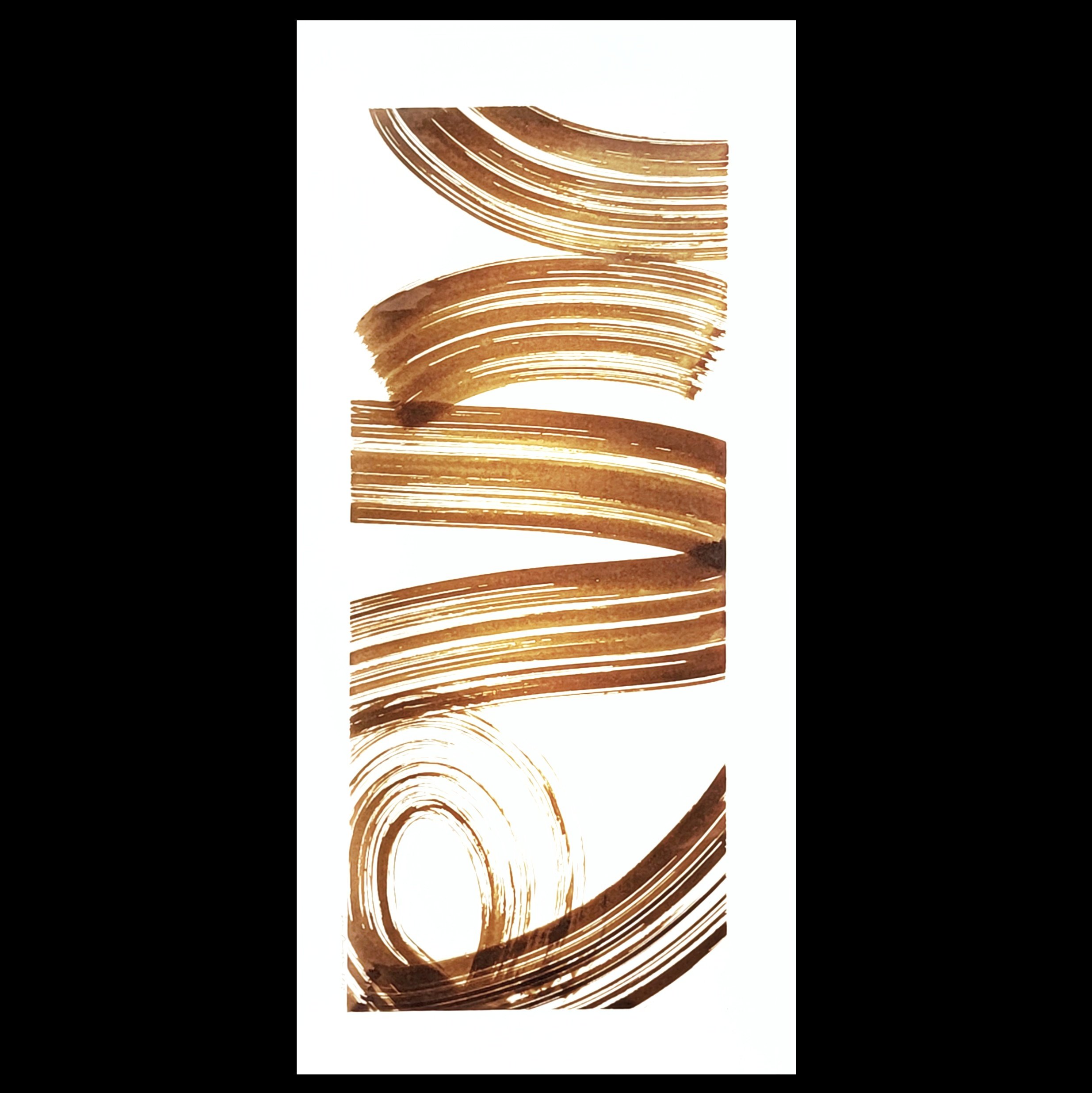 Abstract artwork with brown swirling lines and brushes on a white background.