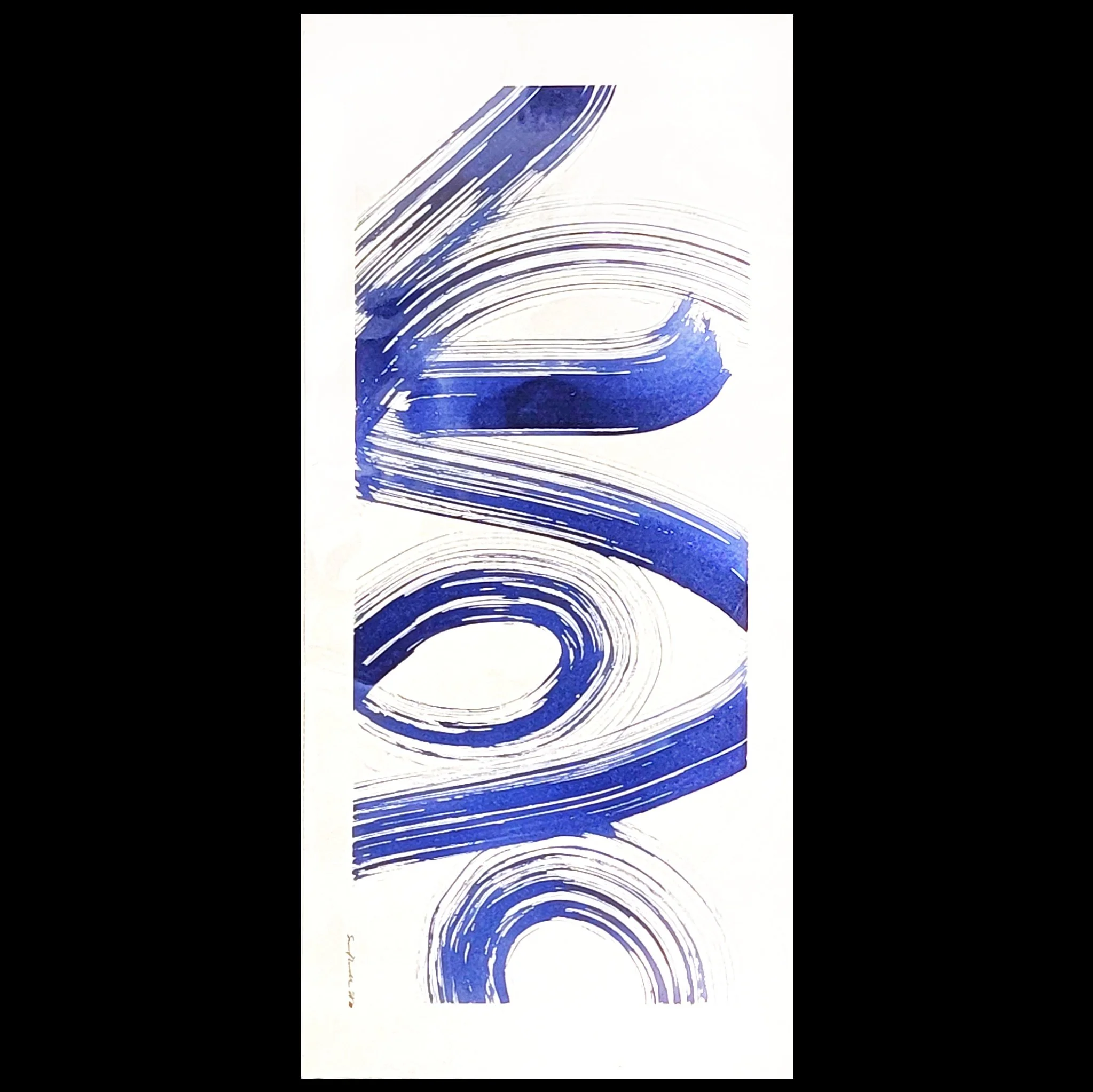 Abstract brushstroke artwork with swirling patterns in shades of blue on a white background.