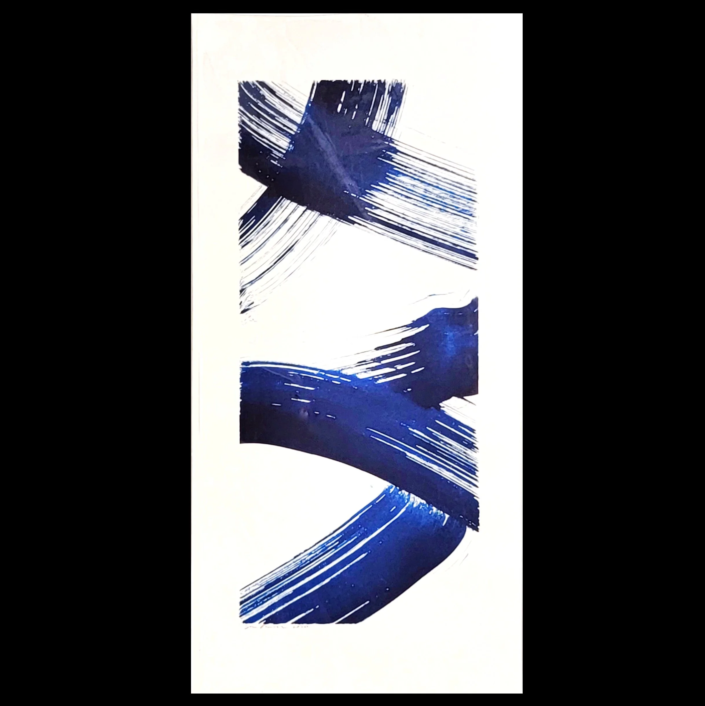 Abstract painting with bold blue brushstrokes on a white background.