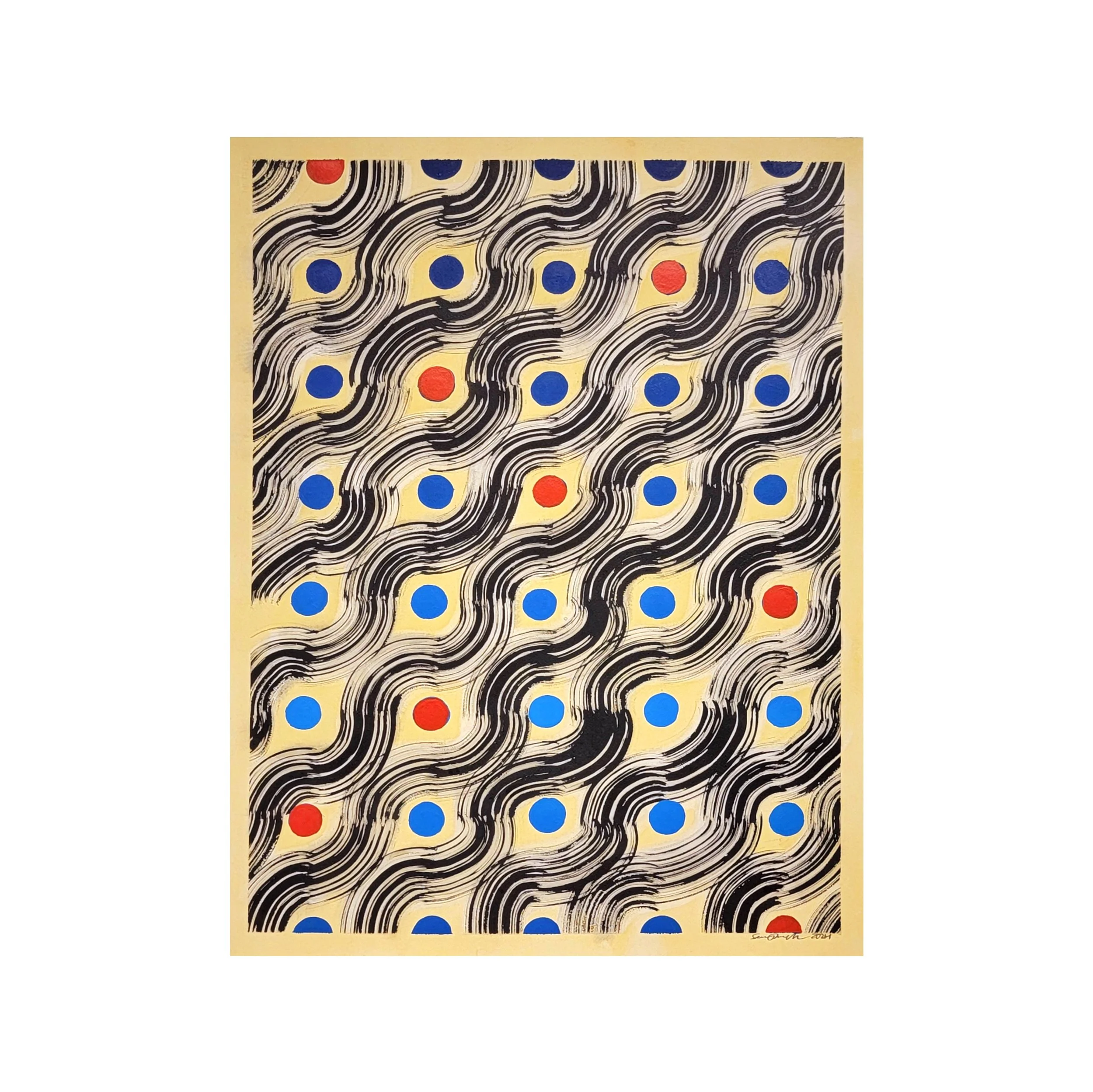 Abstract artwork featuring black, wavy lines, blue circles, and red circles on a yellow background.