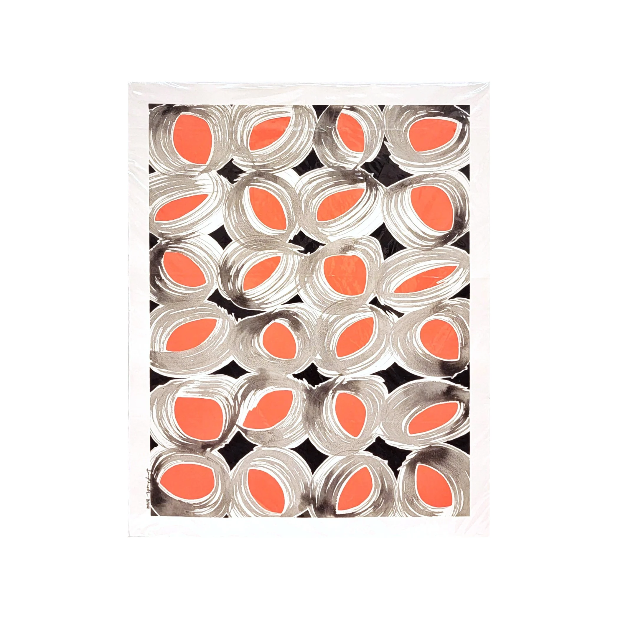 Abstract artwork with white brushstrokes forming oval shapes with orange centers, arranged in a grid pattern on a black background.