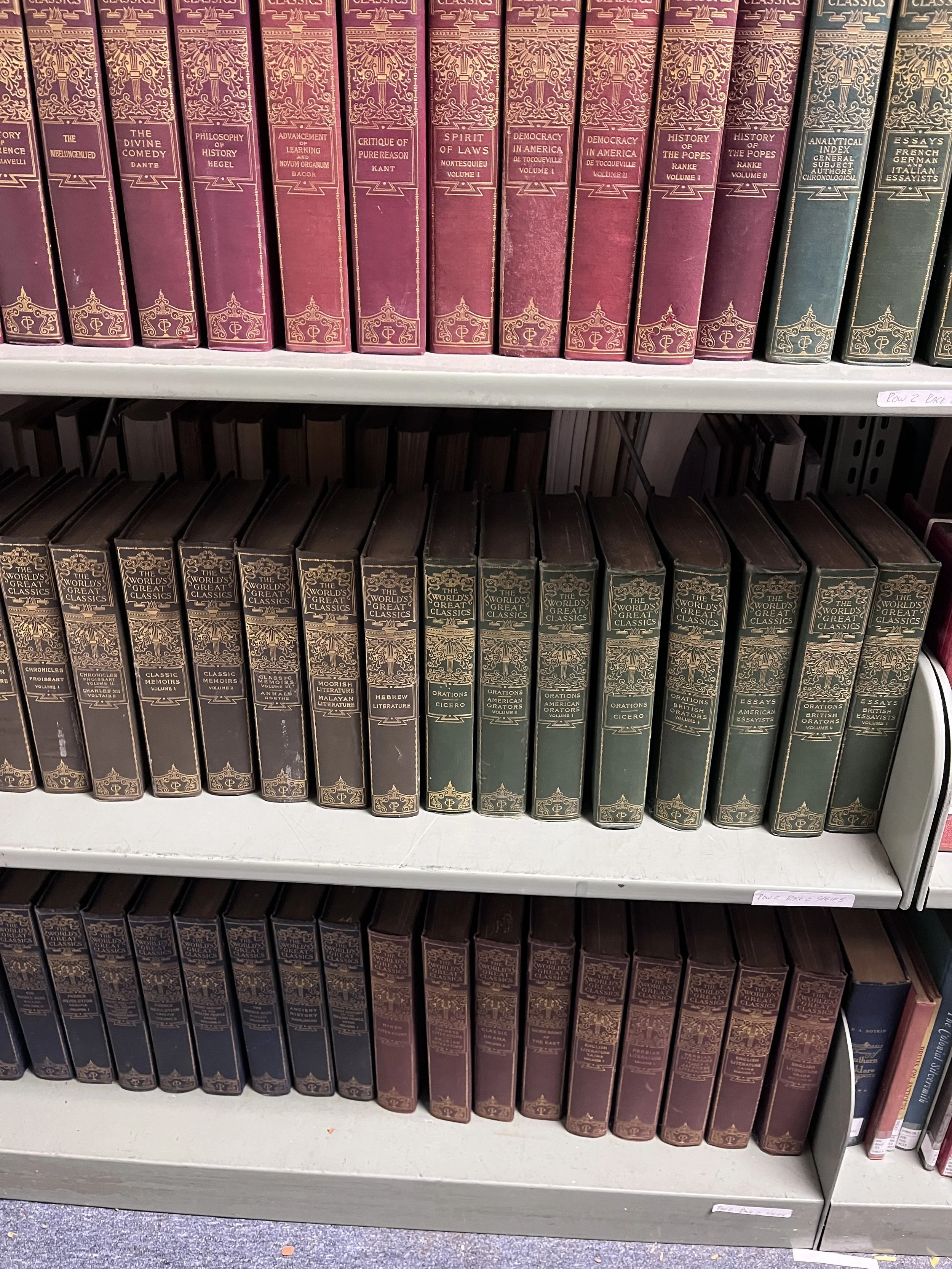 Bookshelves filled with classic literary and philosophical books, organized by series with ornate gold lettering and detailing on the spines.