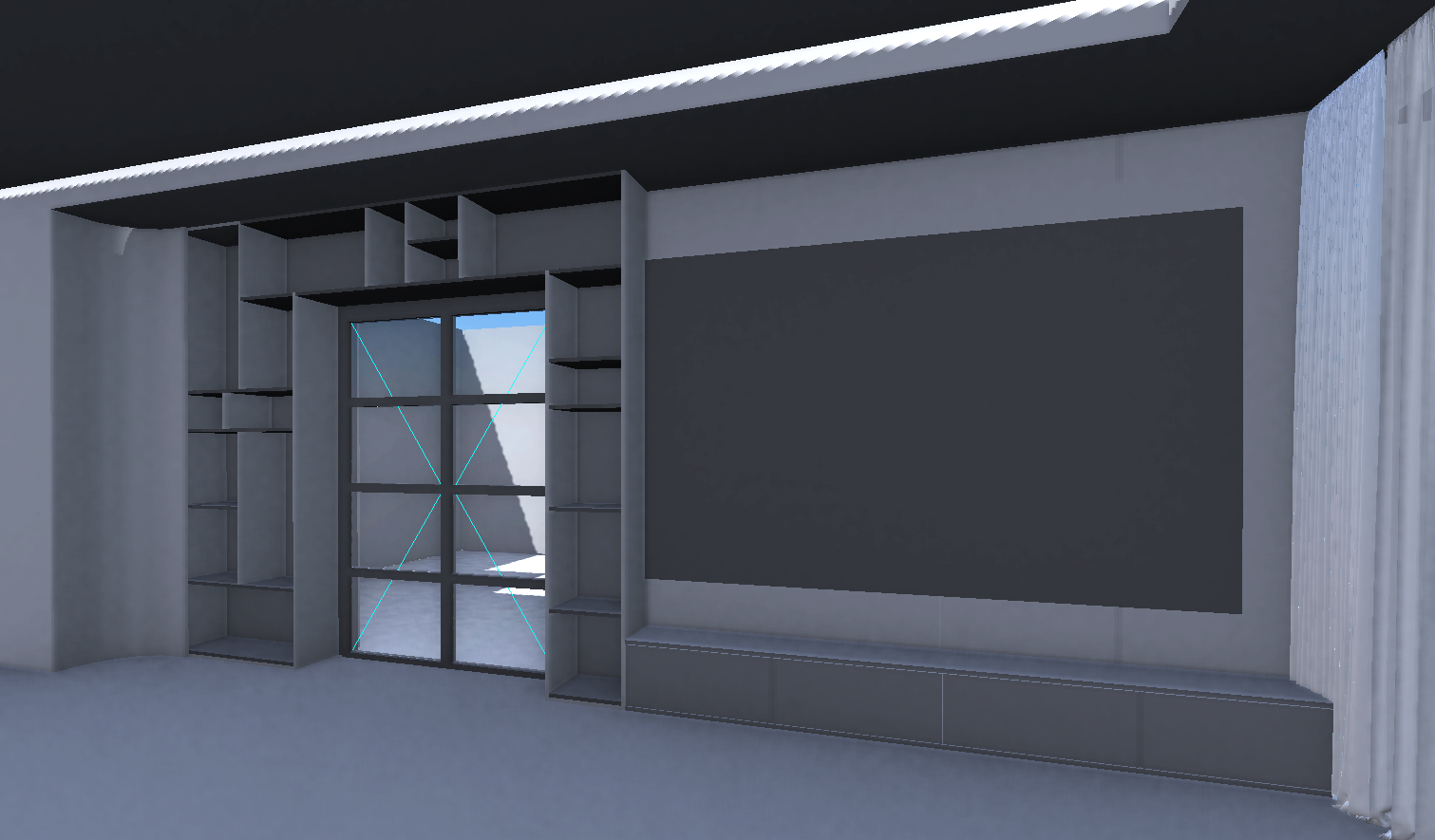 Hmotový 3D model obývačkovej TV zostavy s technickými riešeniami a usporiadaním podľa klientových požiadaviek