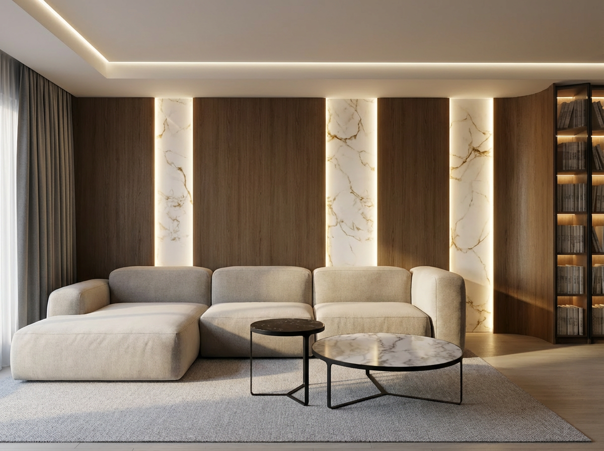 Oddychovej zóne dominuje pohodlná sedačka, ktorú dopĺňajú jednoduché panely v tmavšom drevodekore. Ustúpené časti v dekore Calacatta Gold sú jemne podsvietené, vďaka čomu priestor pôsobí teplejšie a elegantnejšie.