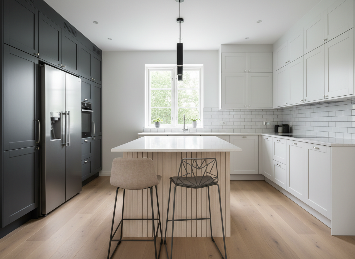 Modern kitchen with white cabinets, a white island with a wooden base, black bar stools, and a black refrigerator. There is a window with greenery outside, and the backsplash is white subway tiles.