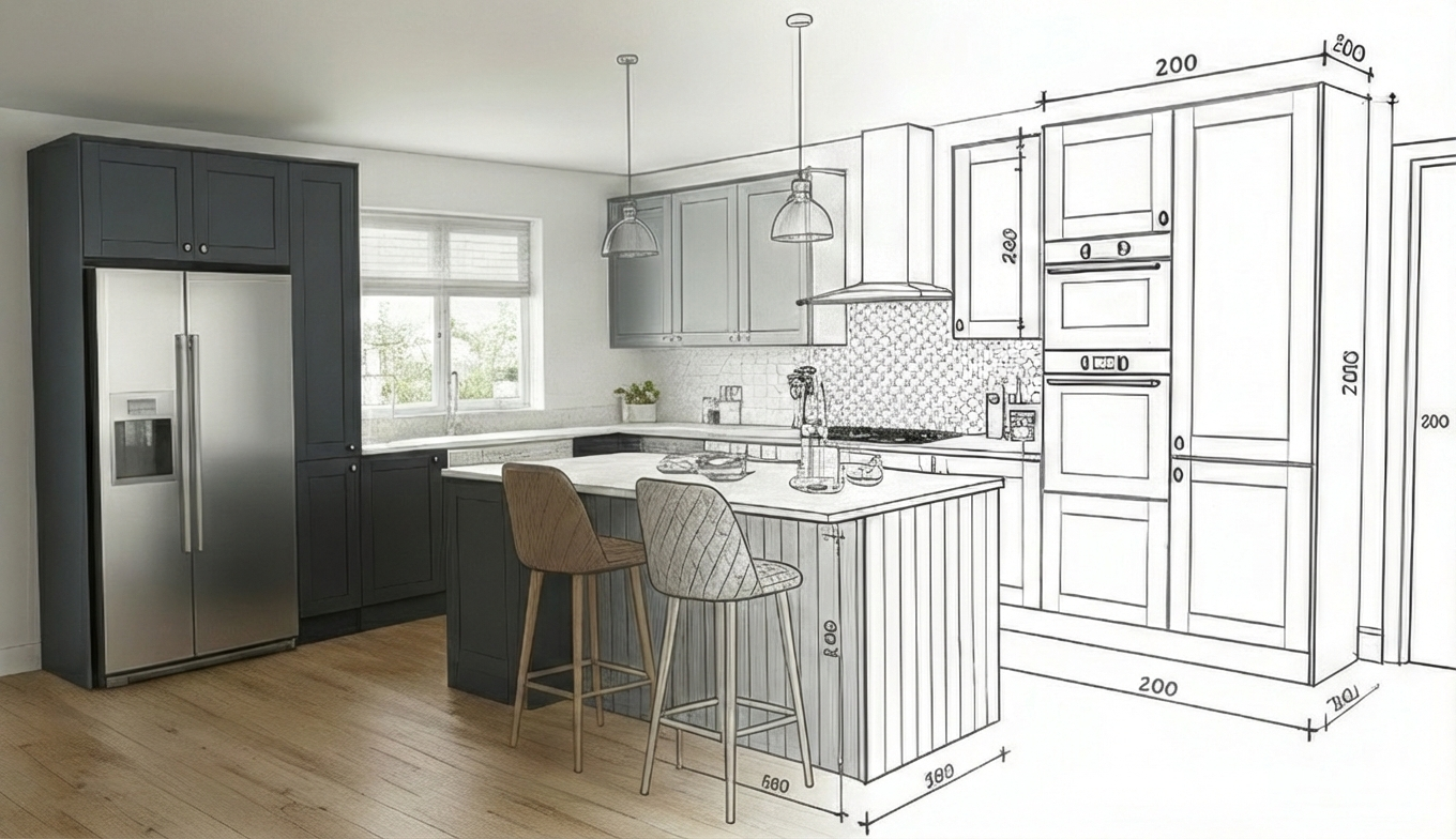 Split view of a kitchen with a photograph on the left and a blueprint drawing on the right, featuring cabinetry, a refrigerator, and a kitchen island with bar chairs.