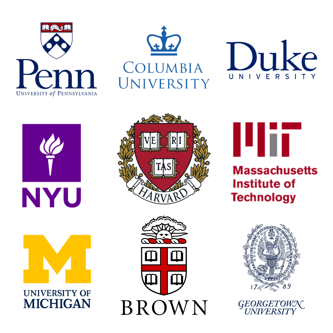 Logos of various universities including Penn, Columbia, Duke, NYU, Harvard, MIT, University of Michigan, and Georgetown University.