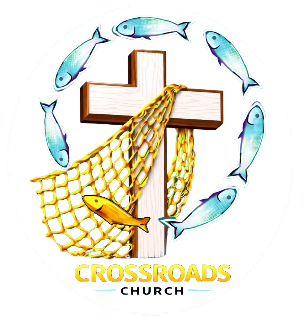 Church logo cross with fishing net draped over it. 6 fish swimming one direction and 1 fish swimming against the tide