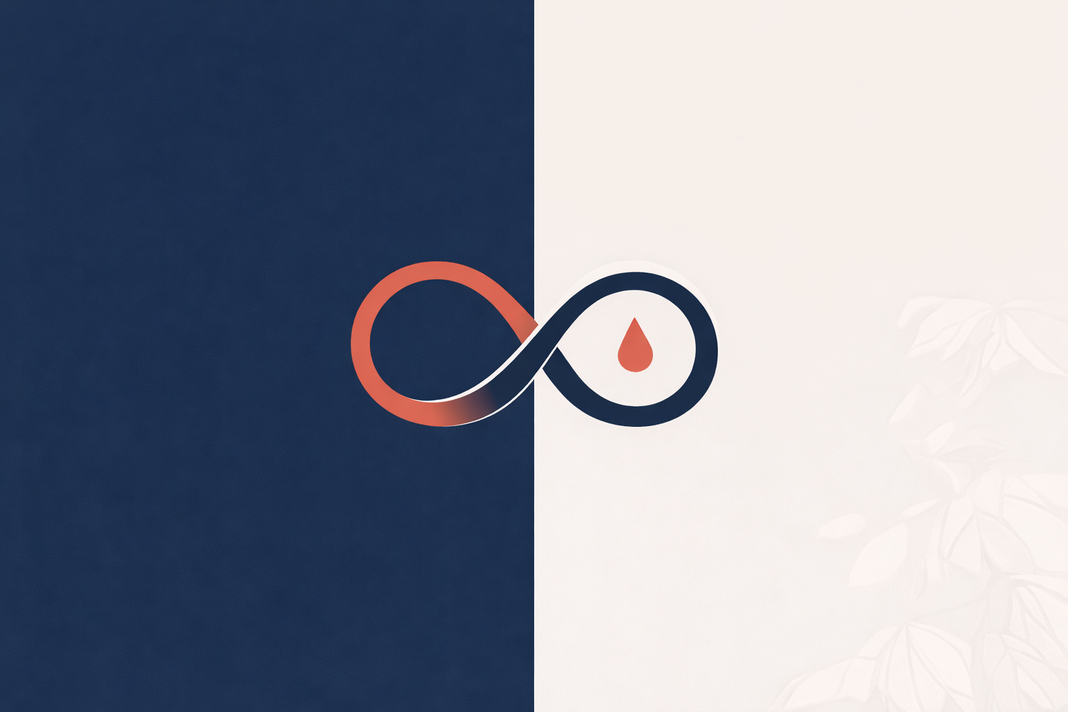 A graphic logo with an infinity symbol, half in red and half in black, with a red droplet inside the black section, against a background split vertically with dark blue on the left and white on the right, with faint leafy patterns on the white side.