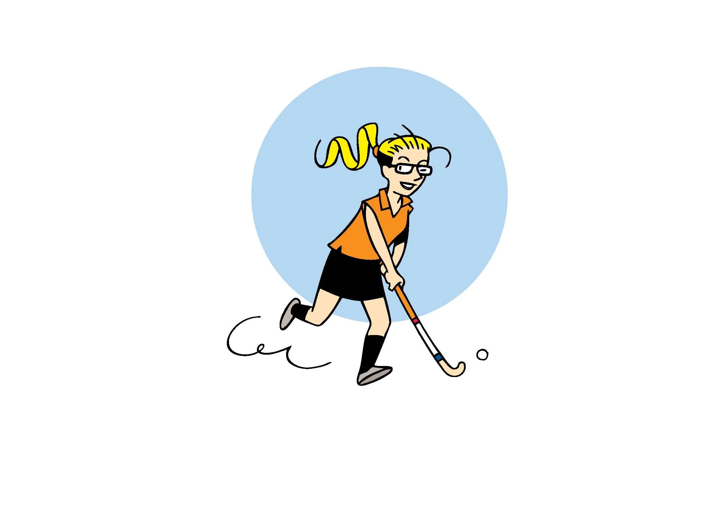 A blonde girl with glasses playing field hockey, dressed in an orange shirt and black skirt, running on a white background with a blue circle behind her.