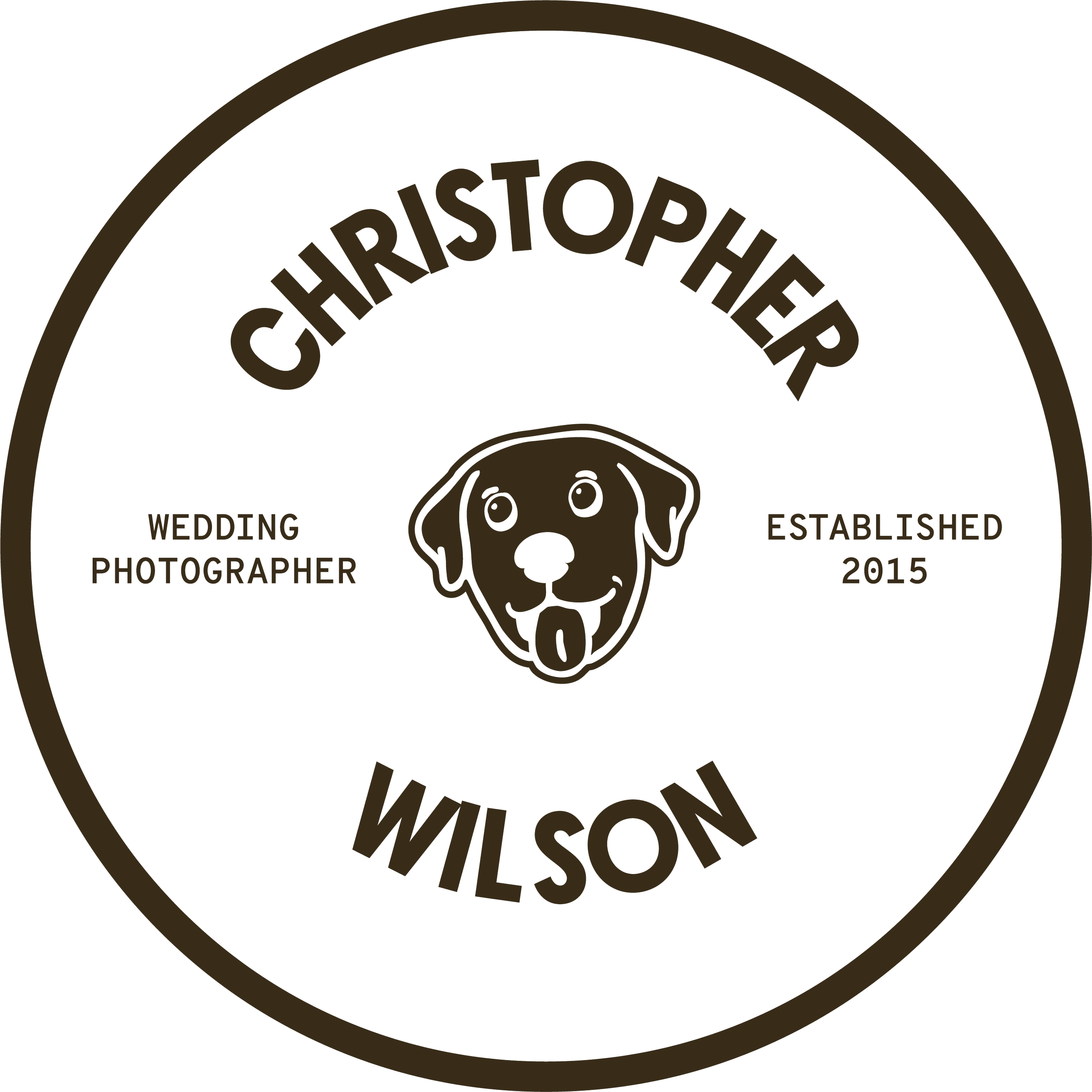 A circular badge with text and a dog graphic. The top of the badge says "CHRISTOPHER" and the bottom says "WILSON." On the left side, it says "WEDDING PHOTOGRAPHER," and on the right, "ESTABLISHED 2015." In the center, there is a simple line drawing of a dog's face with its tongue sticking out.