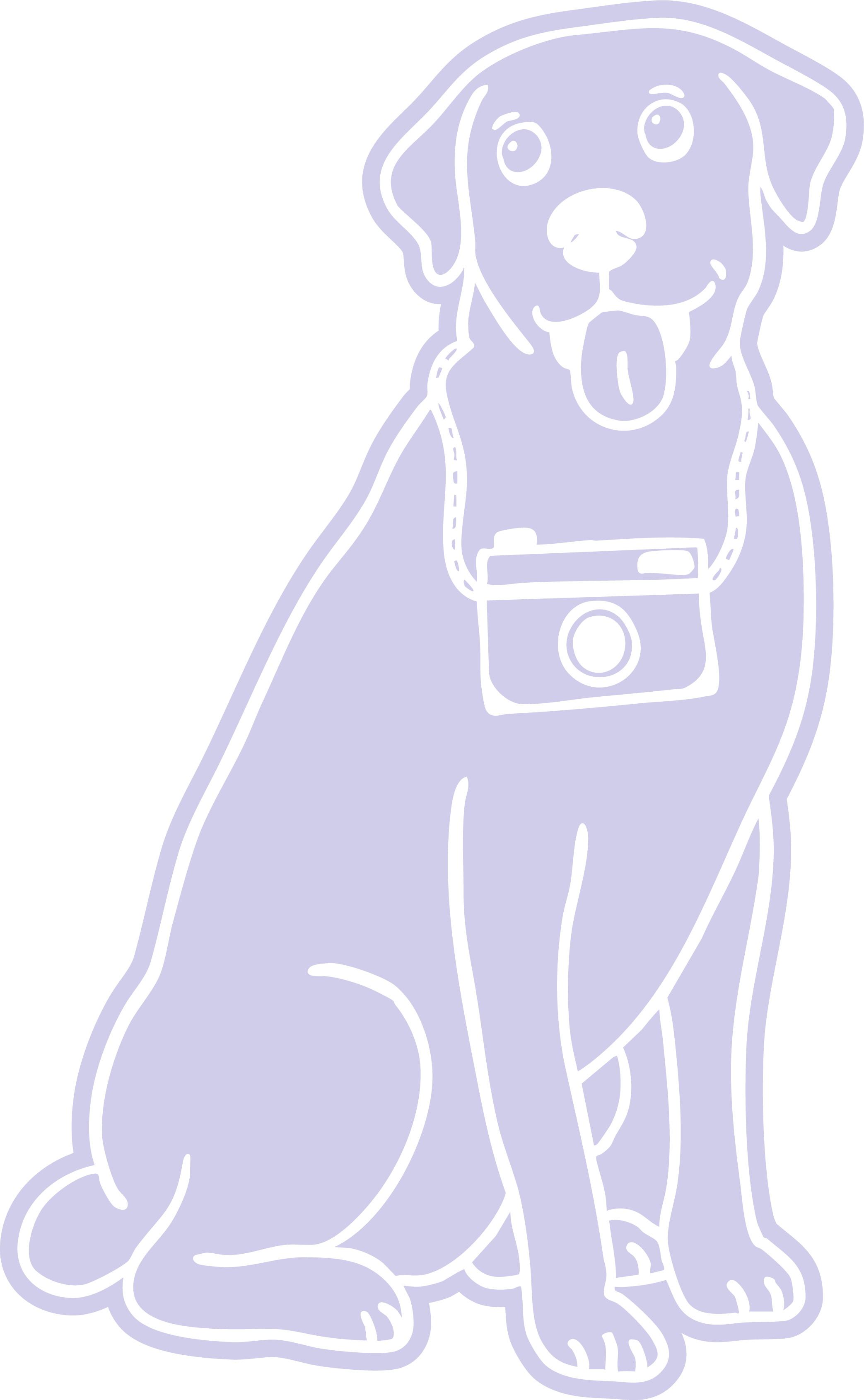 Line drawing of a sitting dog with a camera hanging around its neck, tongue out, with large eyes.