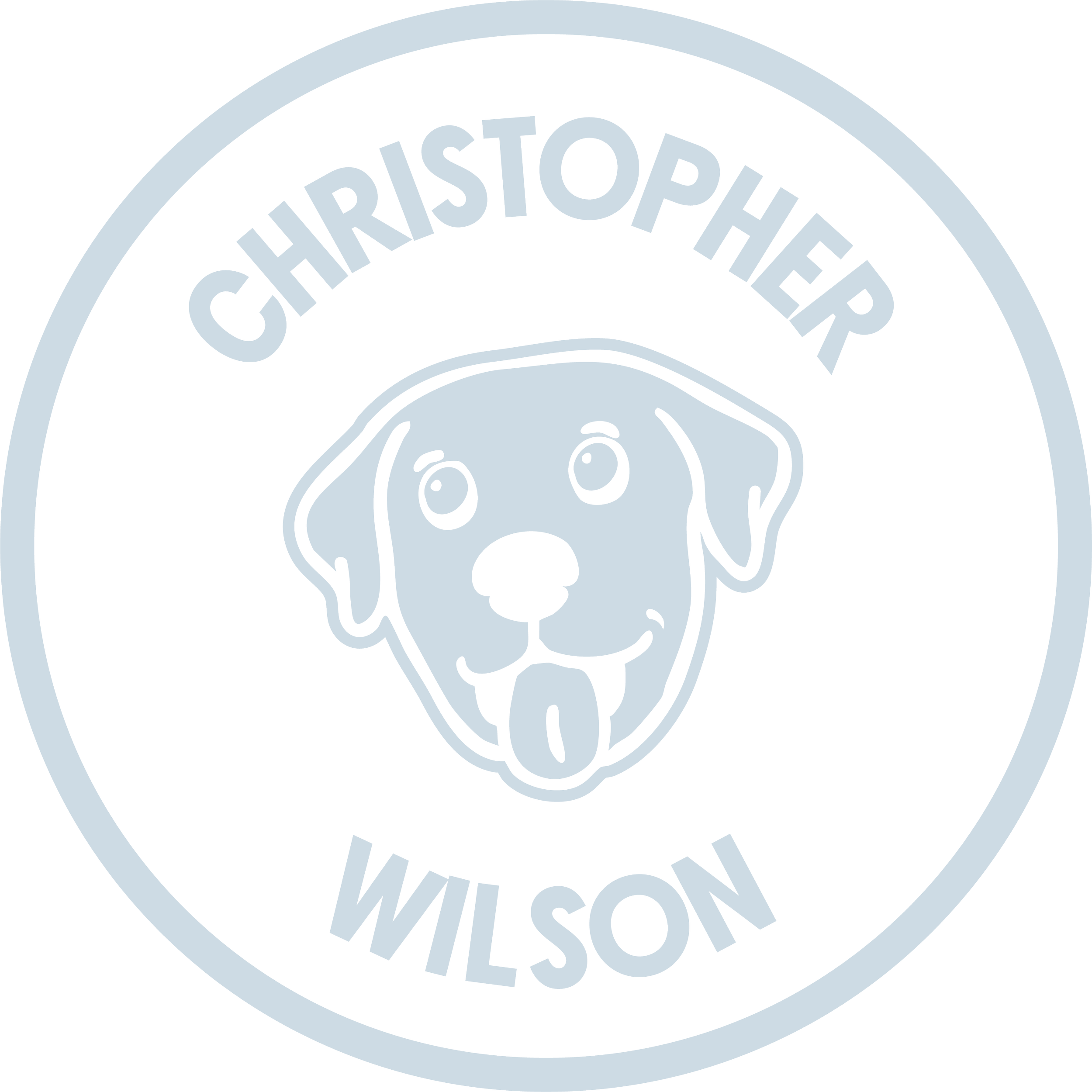 Circular logo with a cartoon Dalmatian dog's face in the center, the dog's tongue hanging out, surrounded by the text 'Christopher Wilson' at the top and bottom.