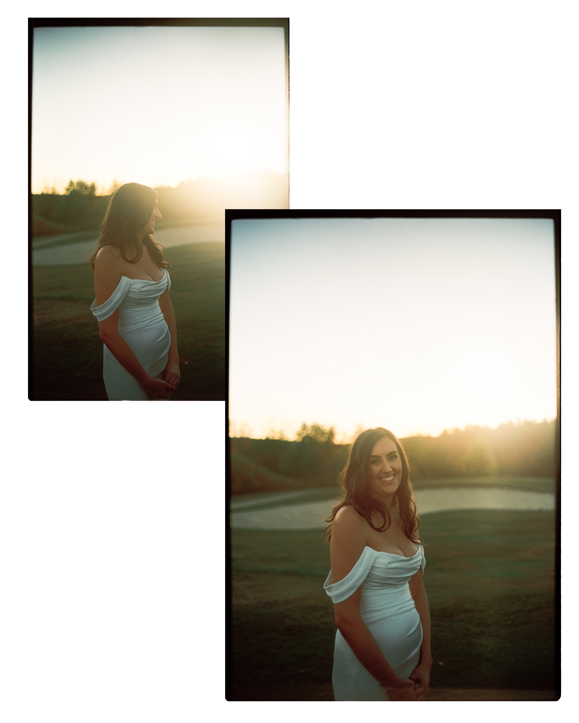 A woman in a white off-shoulder dress standing outdoors at sunset, smiling, with a golf course and trees in the background.