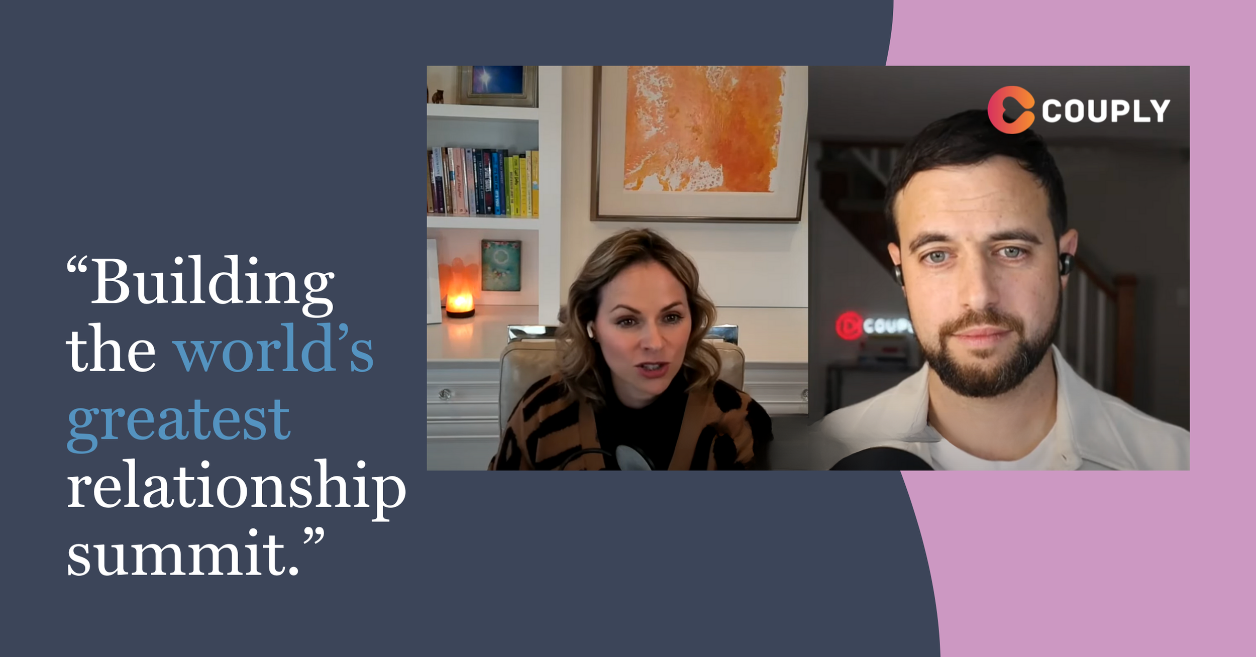 Screenshot of two people in a video call with a quote about building relationships on the left side of the image.