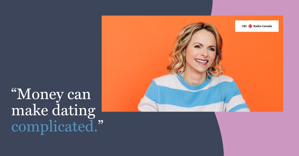 Robin Ducharme, wearing a blue and white striped sweater, smiling against an orange background. The image includes a quote, "Money can make dating complicated," and the CBC Radio-Canada logo in the top right corner.