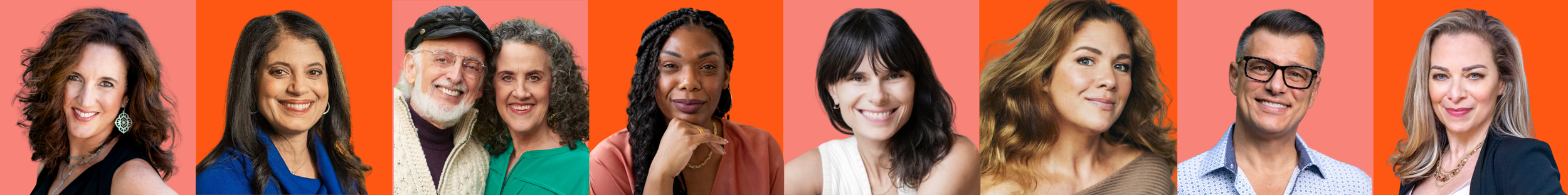 A diverse group of ten women and one man smiling against a coral-colored background.