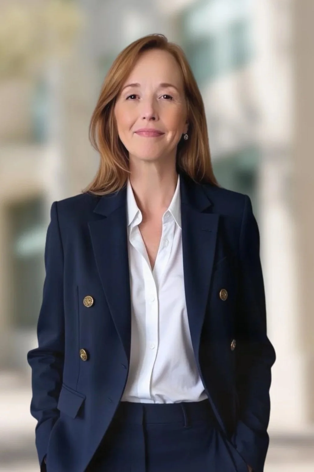 A woman with red hair, wearing a navy blue blazer with gold buttons and a white shirt, standing in an office or indoor setting.