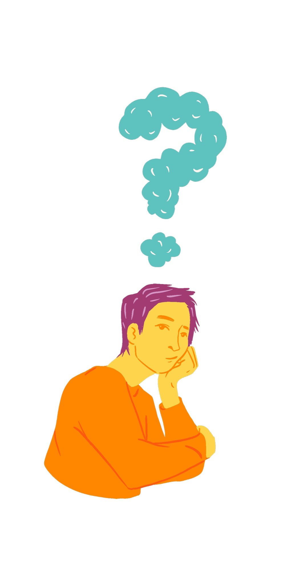 A young person with short purple hair, wearing an orange shirt, seemingly in deep thought with a hand resting on their face, and a thought bubble shaped like a question mark above their head.