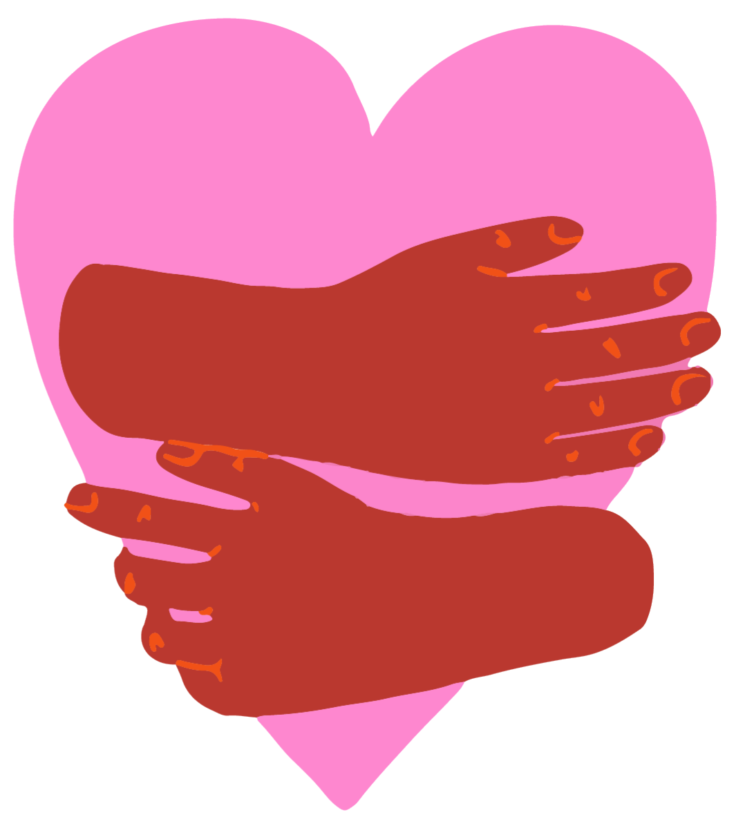Illustration of two hands with brown skin hugging each other in front of a pink heart background.
