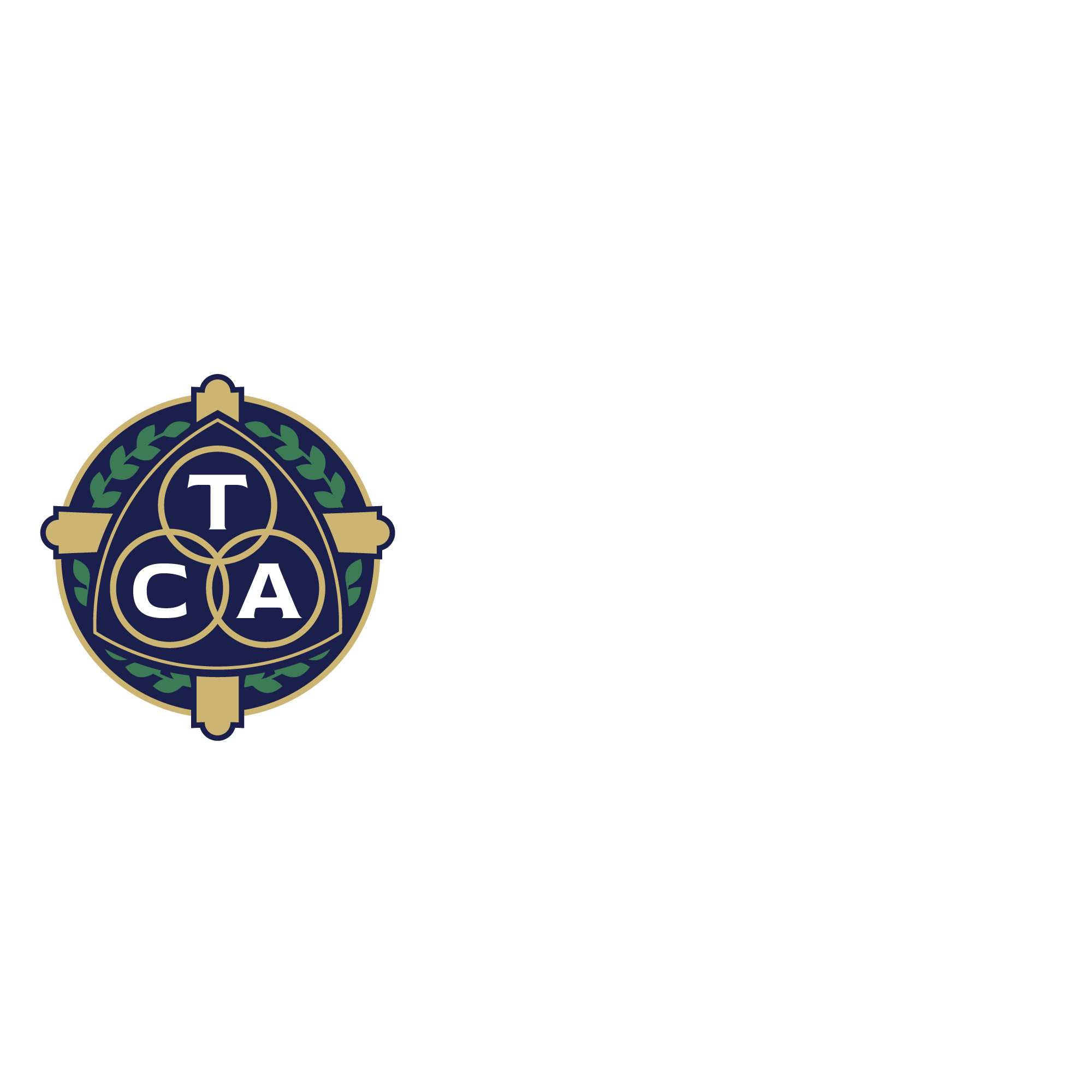 Logo of Trinitas Christian Academy featuring a circular emblem with a blue shield, enclosing overlapping circles with the letters T, C, and A, surrounded by a laurel wreath and cross design, alongside the text 'TRINITAS CHRISTIAN ACADEMY' in white on a black background.