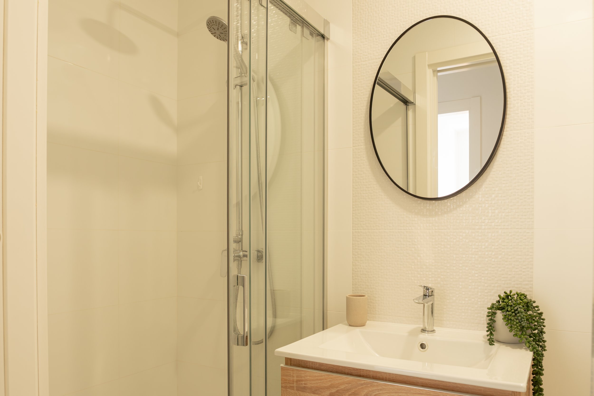 A modern bathroom with a shower stall, oval mirror, sink, faucet, a potted plant, and a countertop with a beige container and toilet paper.
