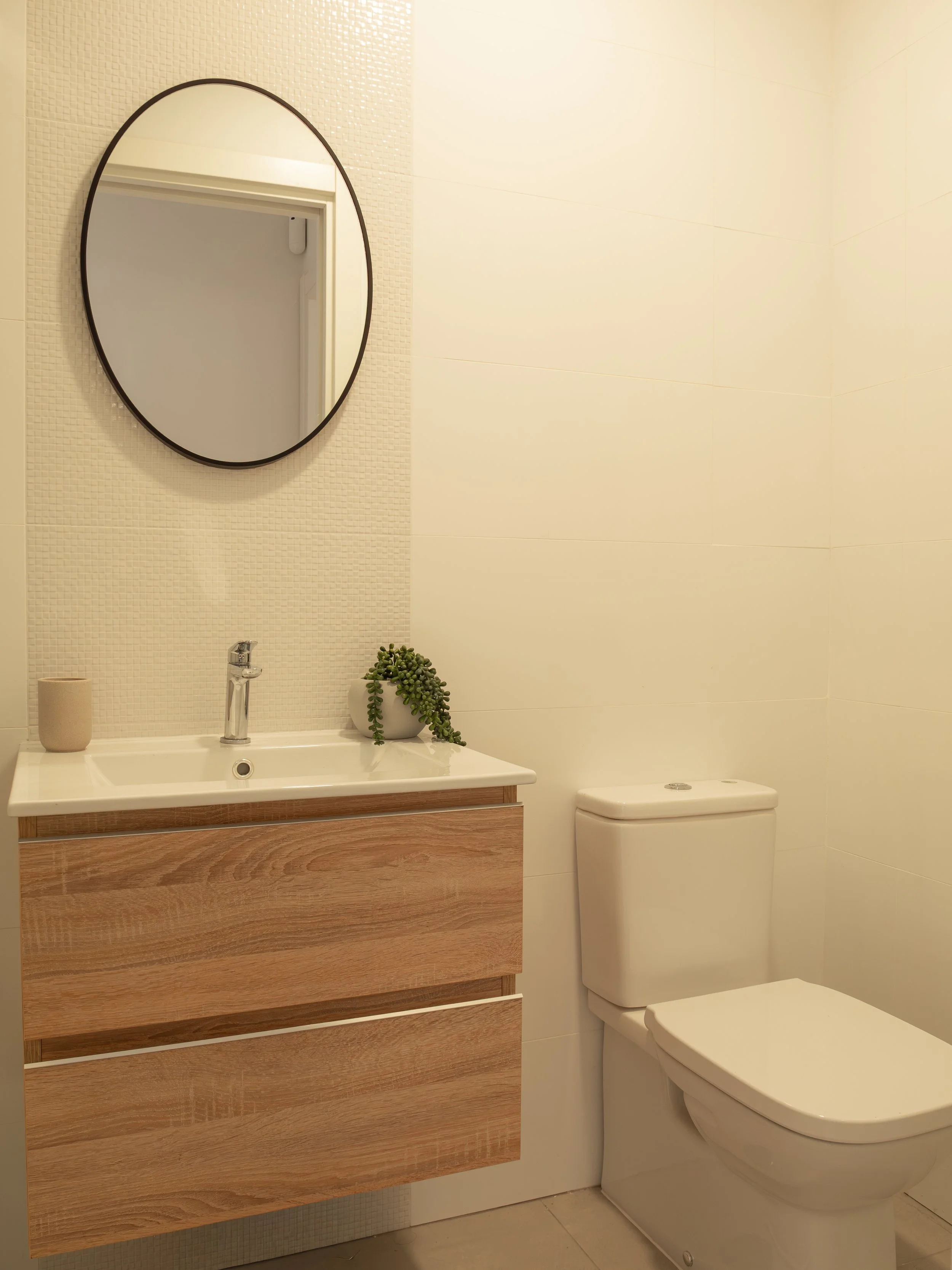 Bathroom with a white sink, a wooden vanity, a mirror, a small potted plant, a cup, and a toilet.