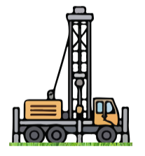 A construction crane on a flat surface, with a tall vertical pole, a hook hanging from a cable, and a yellow vehicle at the base