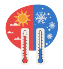 Thermometer with a red and yellow sun on the warm side and a blue snowflake on the cold side, indicating hot and cold temperatures.