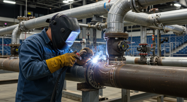 Worker welding pipes in an industrial facility