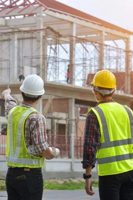 Two construction workers in safety vests and helmets stand in front of a building under construction with scaffolding.