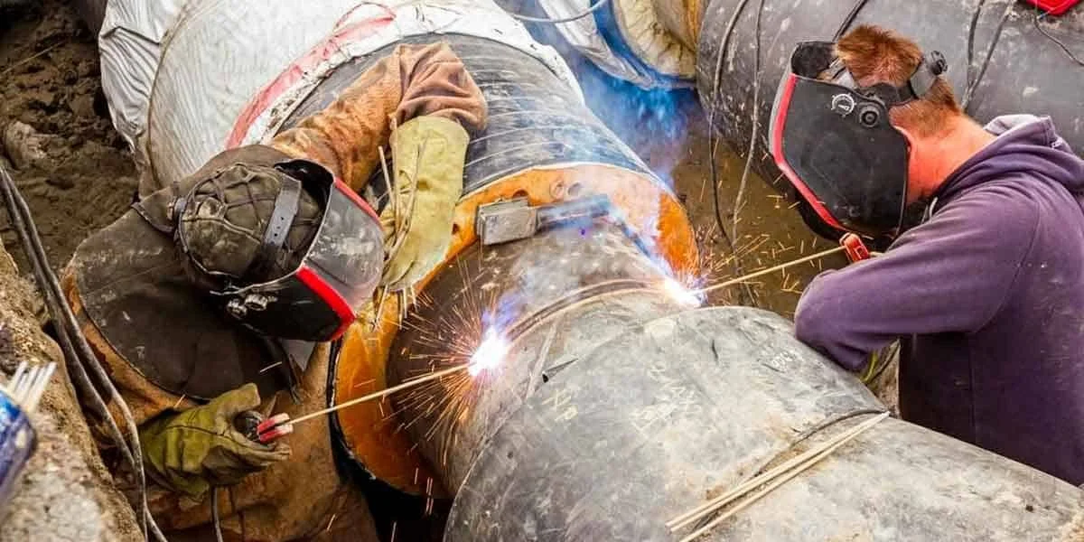 Two workers wearing protective helmets and gloves are welding a large pipe underground.