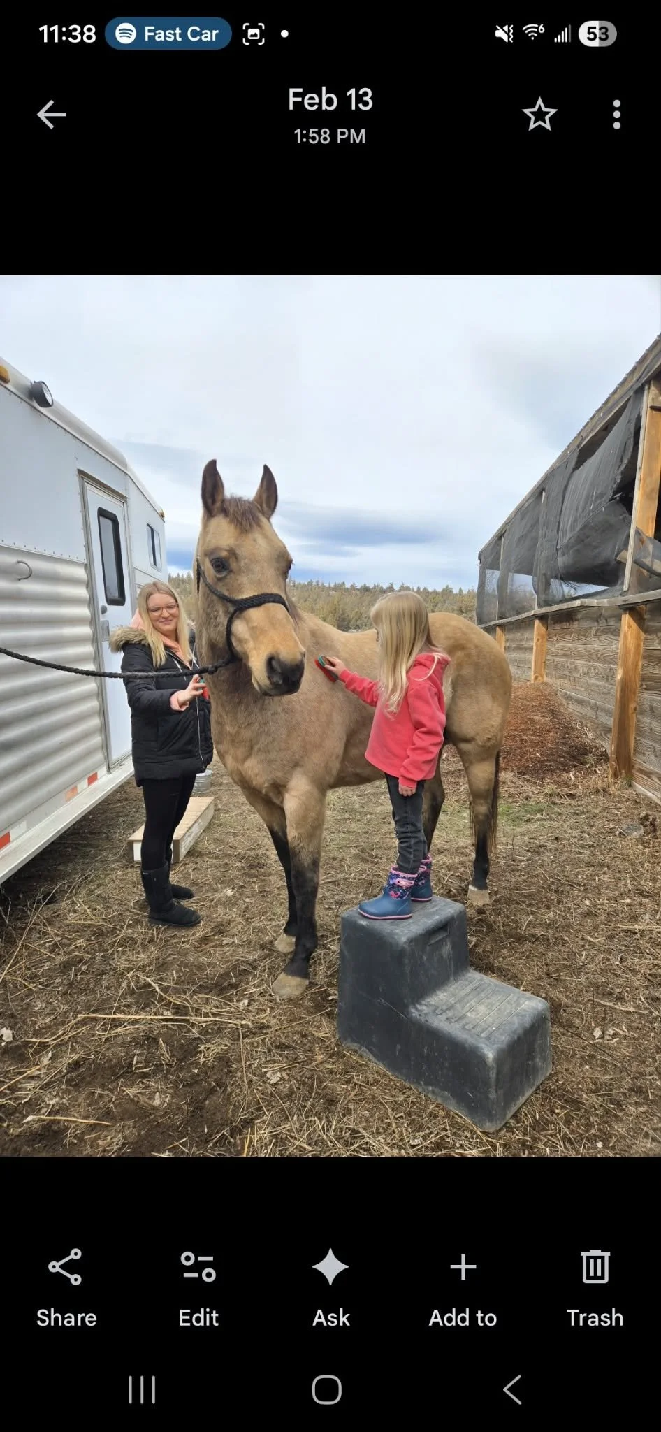 A girl in a pink hoodie and rain boots standing on a step stool, petting a brown horse, with a woman standing beside her holding the horse's lead rope, near a trailer on a dirt ground outdoors.