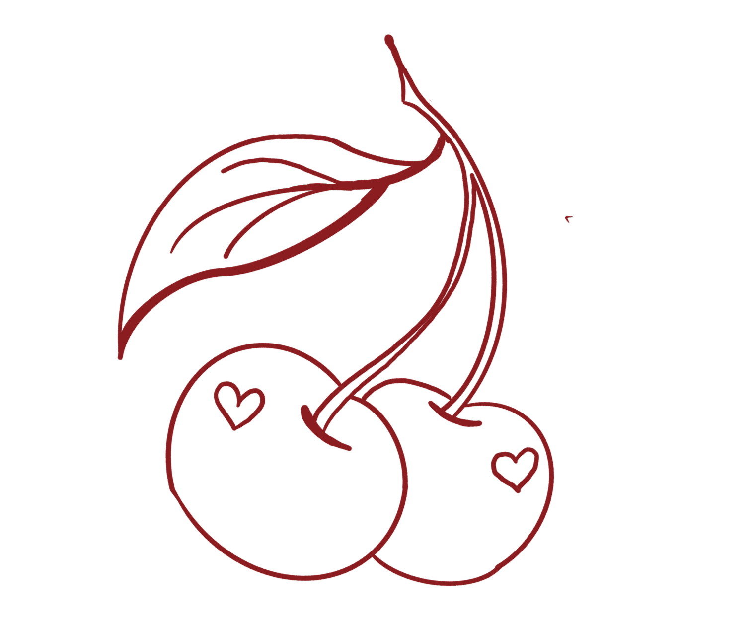 Line drawing of two cherries with leaves, with small hearts inside each cherry.