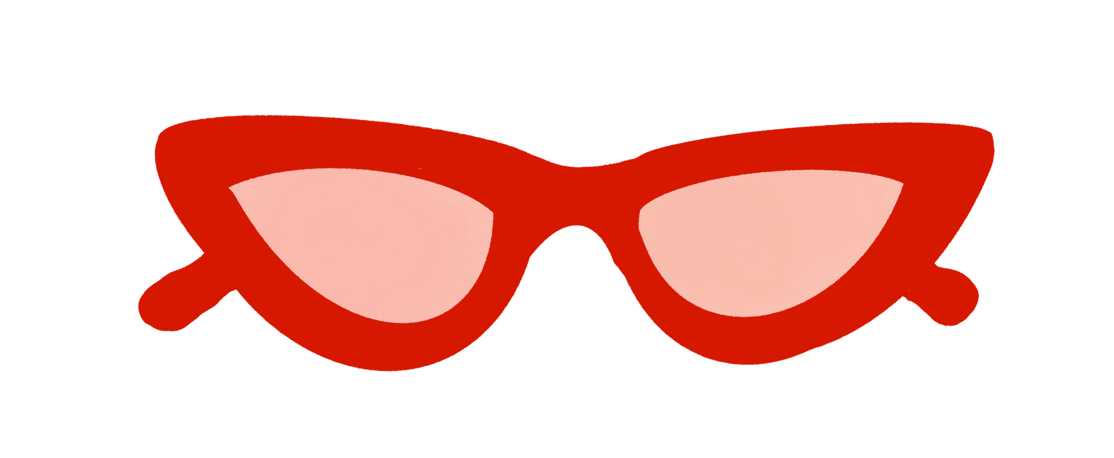 A stylized illustration of red cat-eye sunglasses with pink lenses.