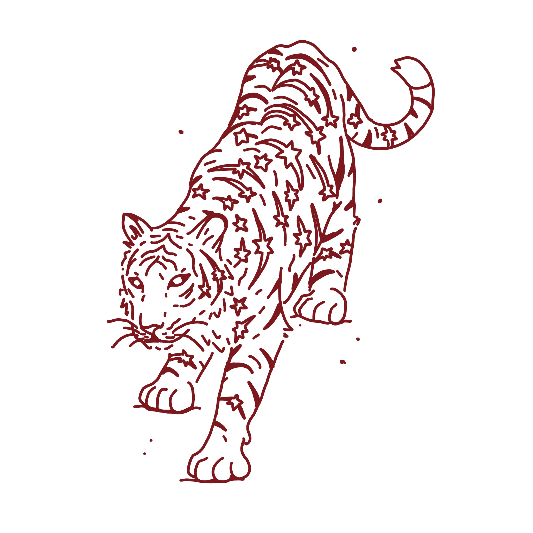 A stylized red line drawing of a tiger walking towards the viewer on a black background.
