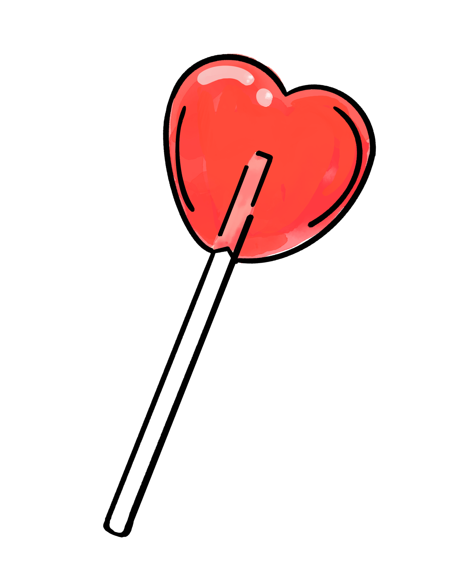 A digital illustration of a red heart-shaped lollipop on a white stick against a black background.