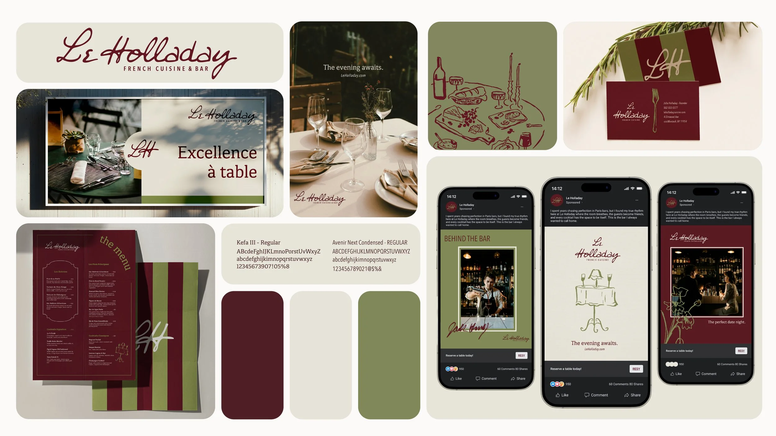 Marketing materials for Le Holladay French Cuisine & Bar including a logo, table setting photos, a menu brochure with red and green colors, a business card with matching branding, and social media posts announcing reservation options, all with a cons