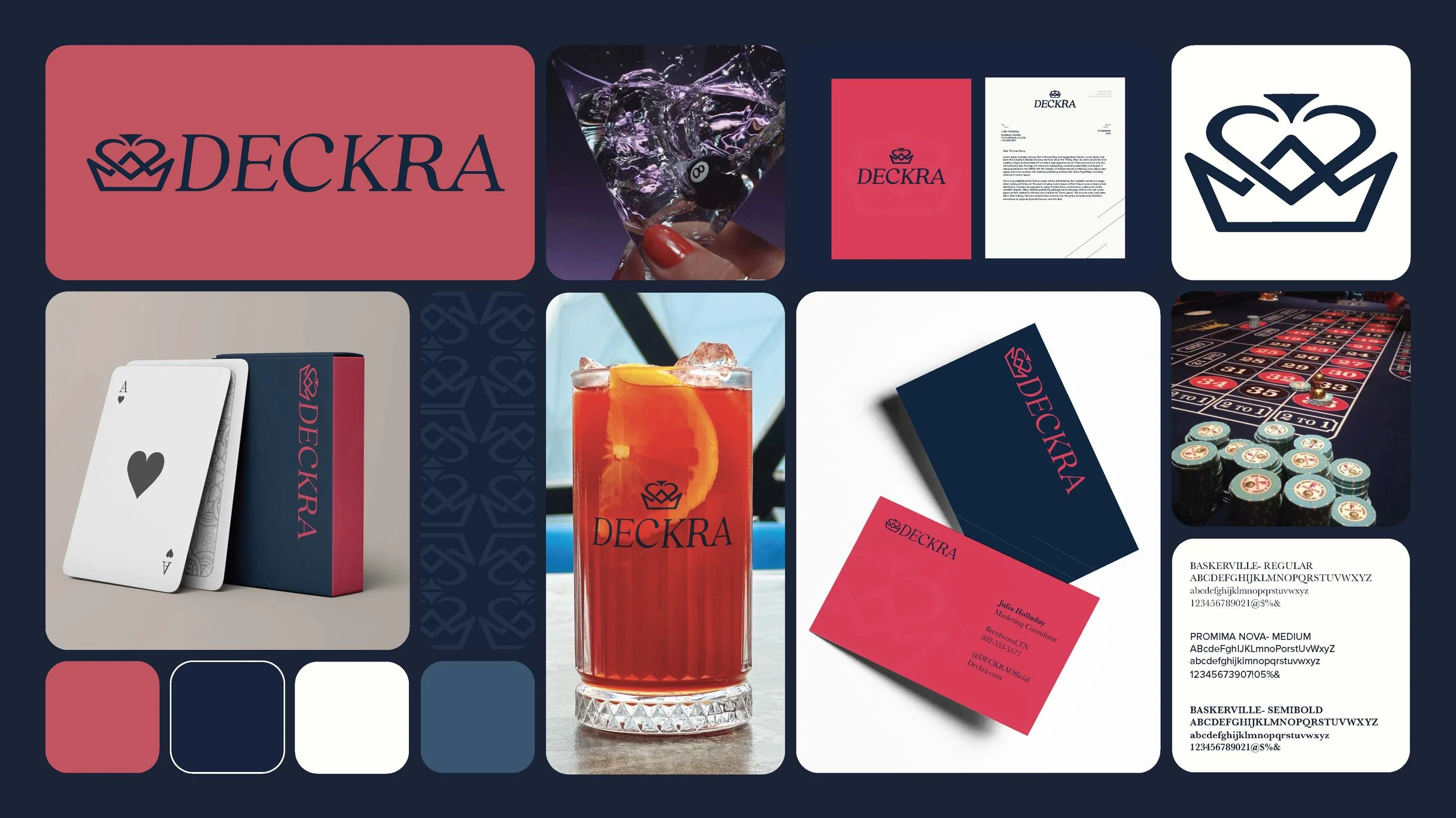 Branding and product images for DECKRA, including logo, drinks, business cards, casino elements like poker cards and chips, and printed materials.